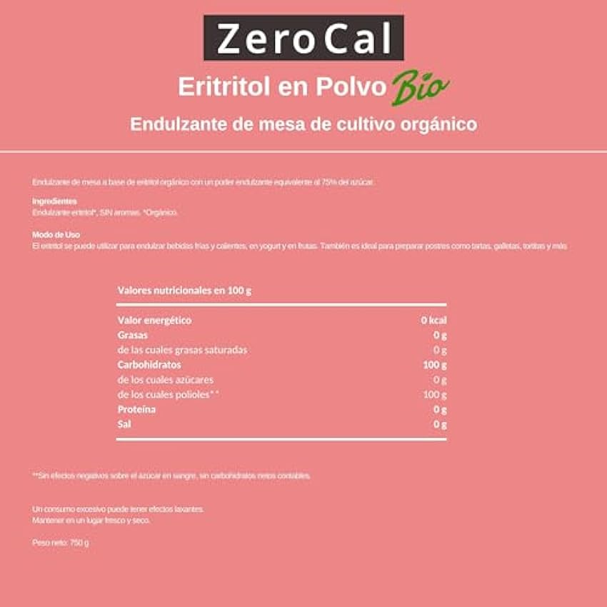 ZeroCal - Eritritol en Polvo Certificado BIO 750g | 0 índice Glucémico | Vegano | Sin Gluten | Para dietas Keto | Mejor alternativa Natural al Azúcar con 0 Calorías kCdeTvZk
