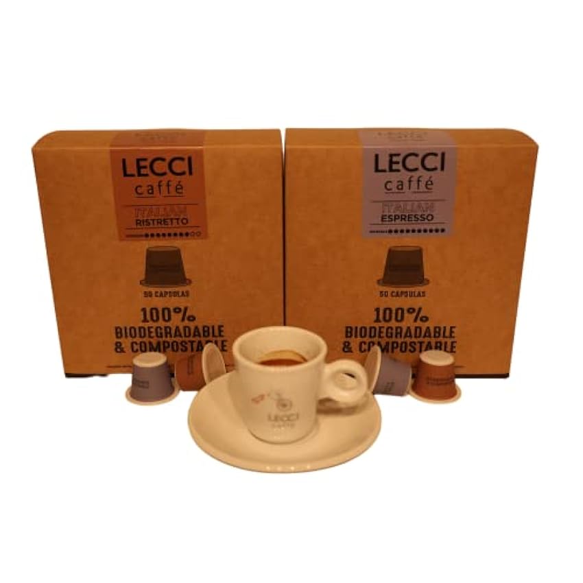 LECCI CAFFË - Pack 50 càpsulas de Ristretto + 50 cápsulas de Expresso COMPOSTABLES y BIODEGRADABLES - Compatible con Nespresso lBYRNXrv