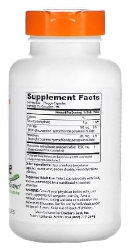 Doctor´s Best Glucosamina Vegana Sulfato con GreenGrown, 750mg - Apoyo Articular Natural, 180 cápsulas vegetarianas lmlJ9VTq