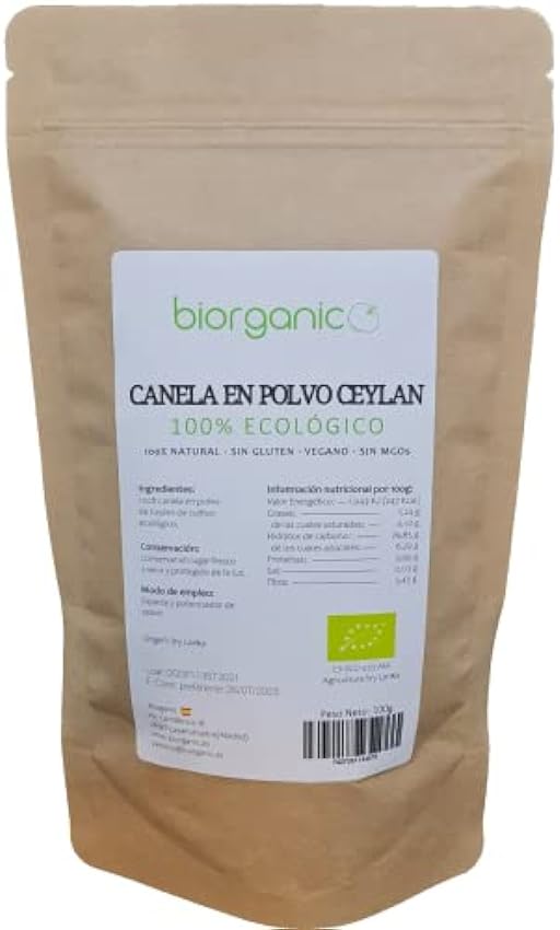 Canela Ceylan en polvo, 100g. Autentica.Pureza 100%. Sin gluten, sin MGOs. Biorganic. Marca española. GwBPhKNm