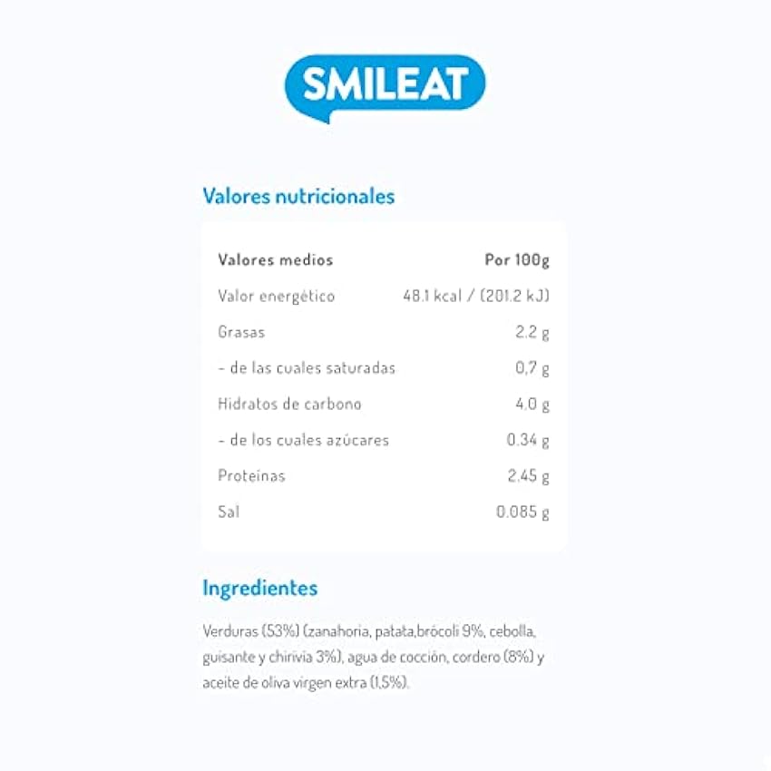 Smileat - Tarrito Ecológico con Verduras, Ingredientes Naturales, para Bebés desde 6 Meses, Sano y Saludable, sin Gluten, Sabor a Brócoli, Cordero y Chirivía - Pack de 12 x 230g = 2760g KOXy3cnJ