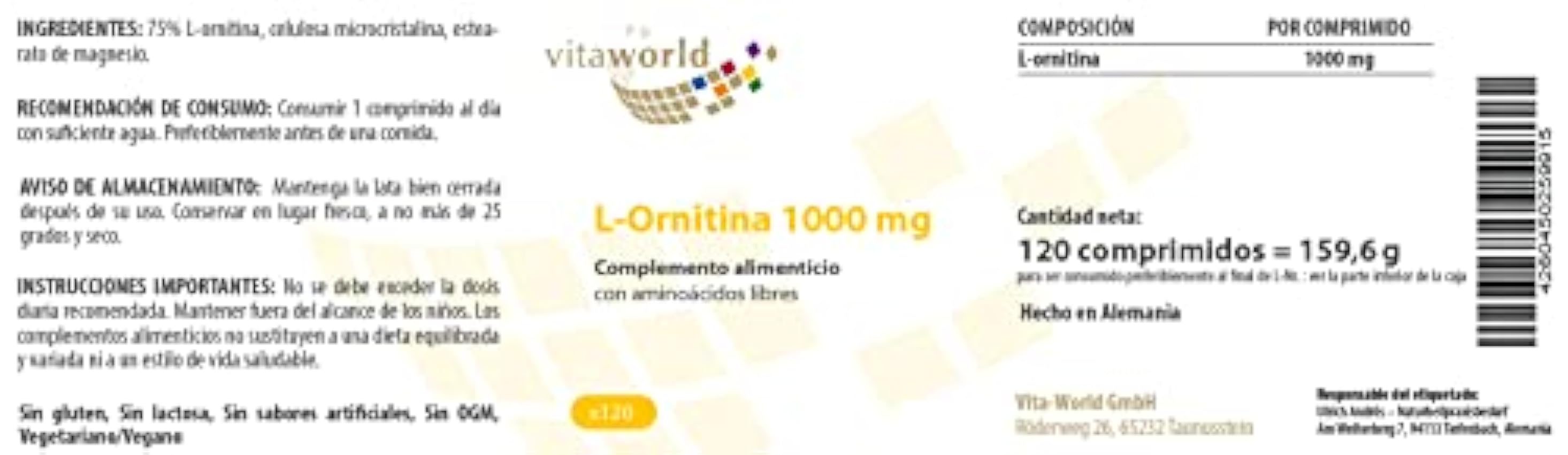 Vita World L-Ornitina 1000mg 120 Cápsulas Vita World Farmacia Alemania - L-Ornithina - Masa Muscular - lUVKRWNz