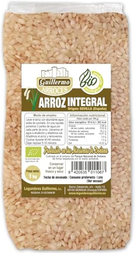 Guillermo | Arroz integral BIO marismas de Doñana - Paquete 1kg. | 100% ecológico | Contiene carbohidratos | Aporte de vitaminas pQ6zXU1R