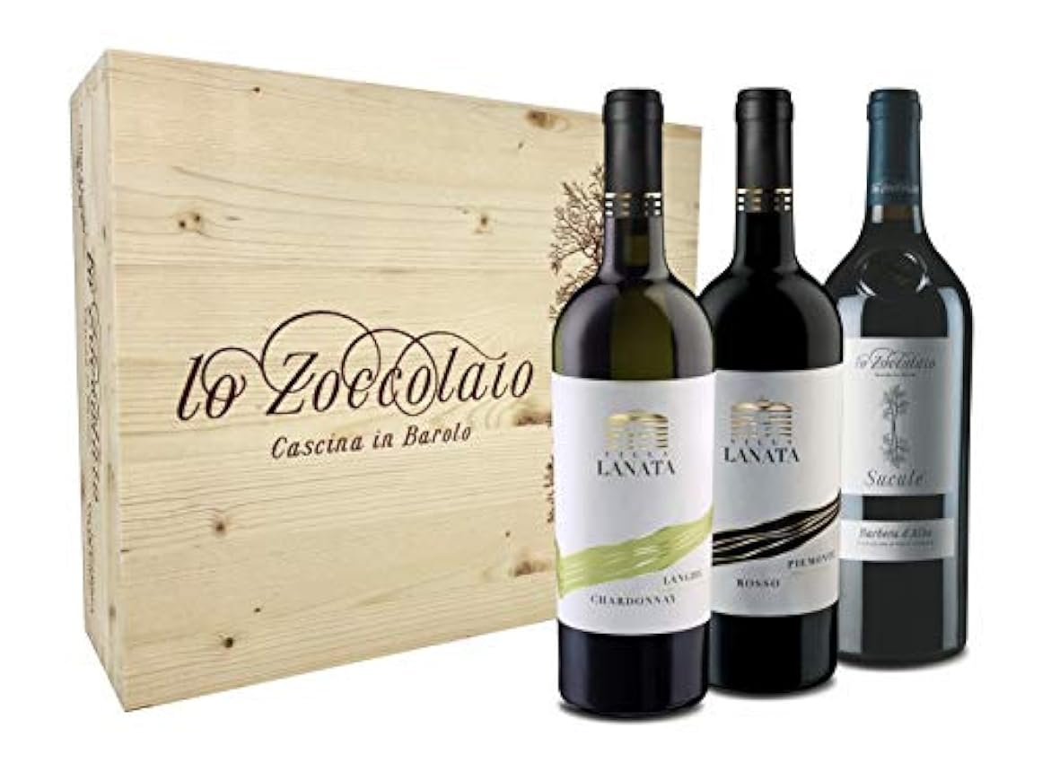Lo Zoccolaio Langhe Chardonnay + Piemonte Rosso + Barbera D´Alba Vino Italiano en Estuche de Madera - 3 Botellas X 750ml MzJAlOXM