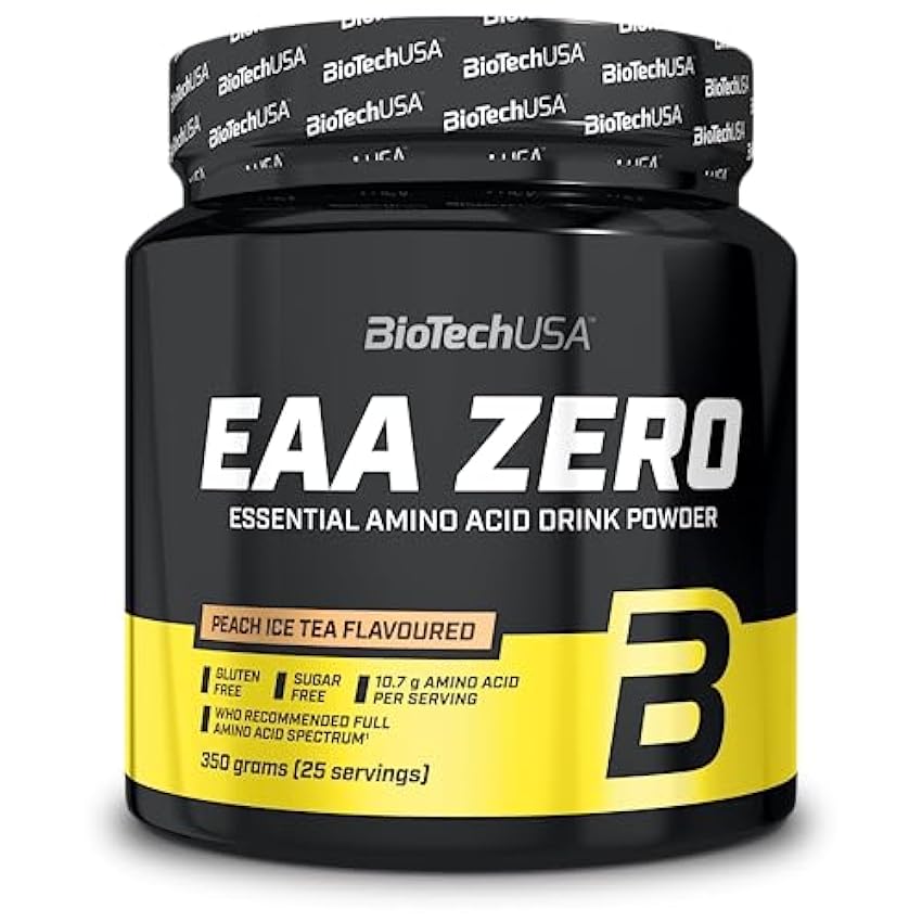 BioTechUSA EAA Zero - Essential Amino Acid Power | 7160mg EAA/porción | Proporción recomendada por la OMS | Sin azúcar, sin gluten, 350 g, Té Helado De Melocotón m7IuZyod