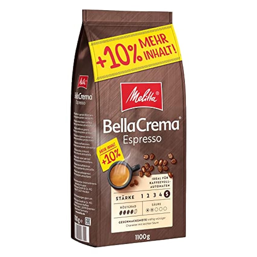 Melitta Granos de café enteros, 100 % arábica, sabor intenso y picante (grosor 4-5, Espresso BellaCrema 1100 g) gWF0SCjE