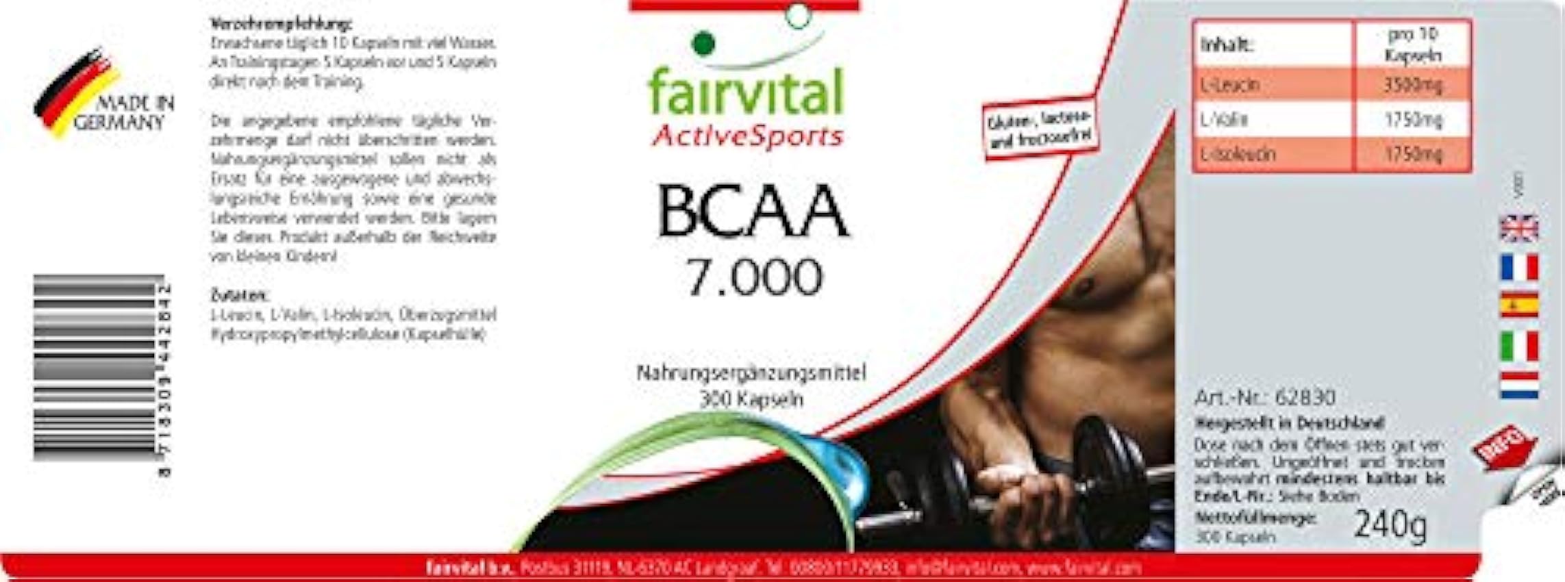 Fairvital | BCAA 7000 - Aminoácidos ramificados - Suplemento VEGANO y sin aditivos - 300 Cápsulas - Valina + Leucina + Isoleucina - Calidad Alemana jh8OplVB