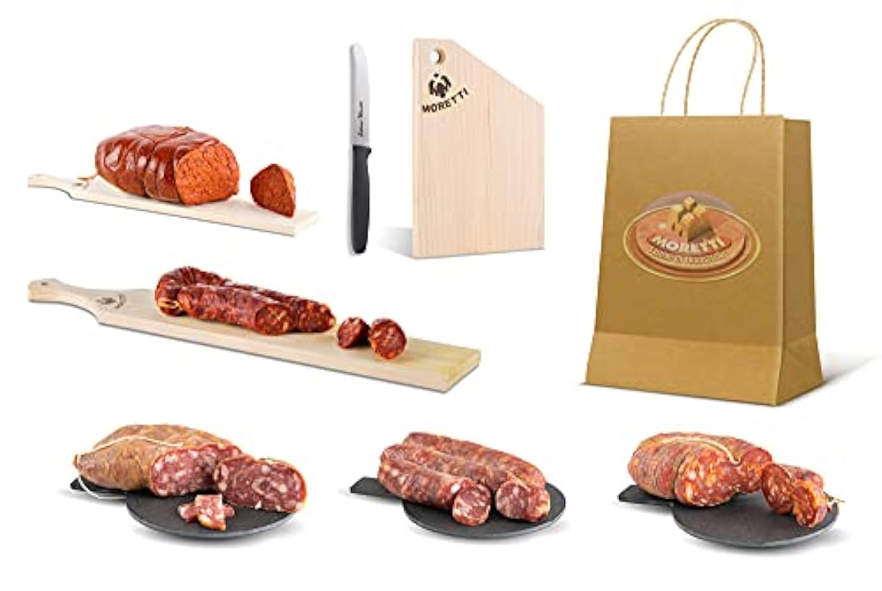 Moretti® Paquete de embutidos artesanos | Kit de degustación de salami | Productos típicos de Calabria | Viaje al sabor dulce y picante | Varias combinaciones | Accesorios gratis (Kit Pequeño) KAo1ToL0