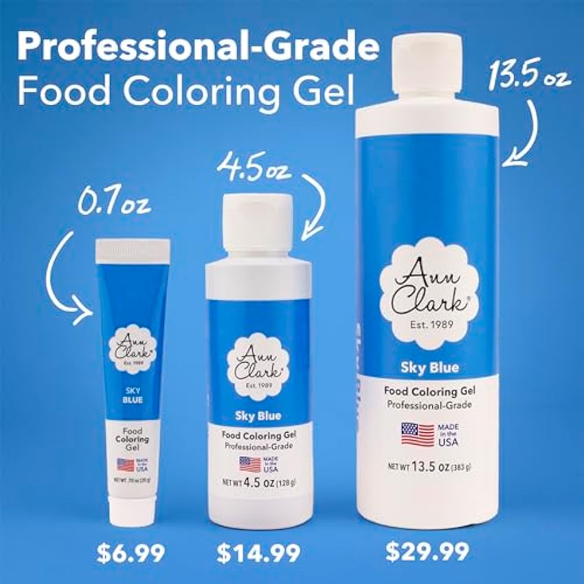 Gel colorante para alimentos Ann Clark color azul cielo, extra grande 13,5 oz. Calidad profesional. Fabricado en EE. UU. OwPOPpfe