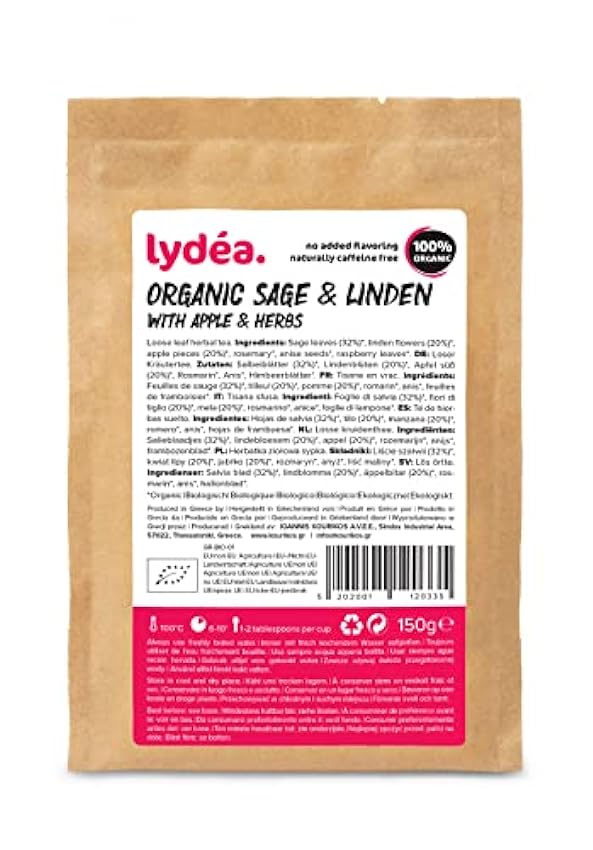 Lydea - Infusión ecológica en hoja suelta de salvia, tilo, manzana y hierbas aromáticas, bolsa de 150 g gMWpbSOq