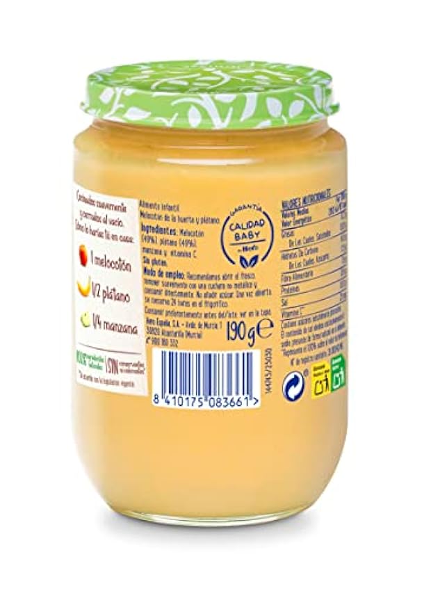 Hero Baby Tarritos de Melocotón y Plátano con Ingredientes Naturales para bebés de apartir de 4 meses - Pack de 12x190gr iJn4BExN