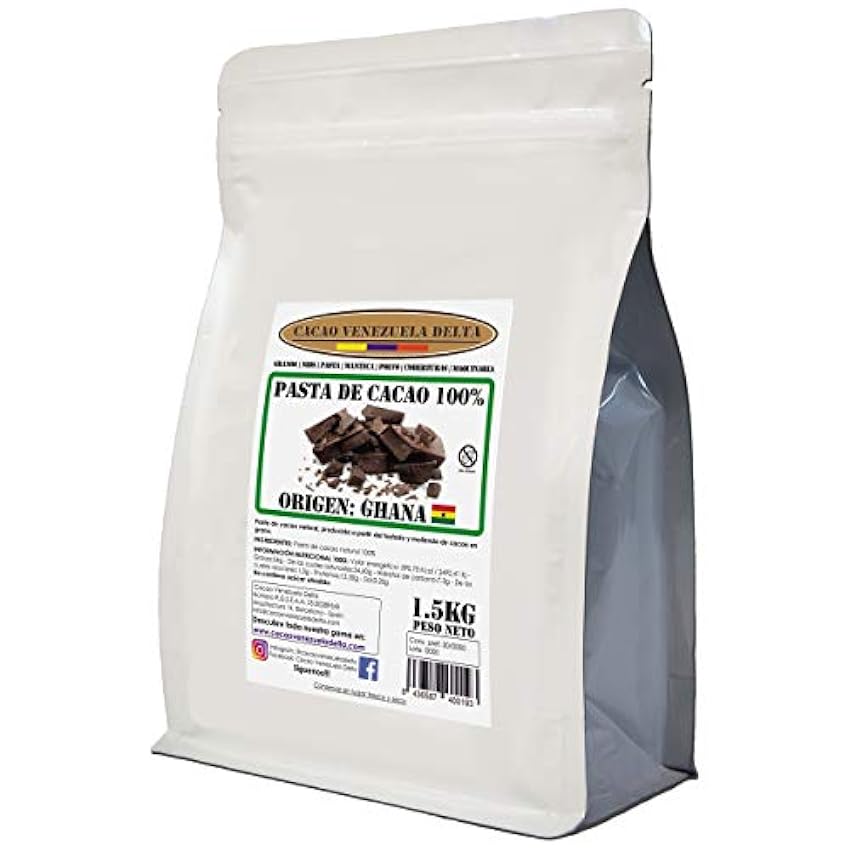 Chocolate Negro Puro 100% - Origen Ghana (Pasta, Masa, Licor De Cacao 100%) - Bolsa 1,5kg - Cacao Venezuela Delta IxAKTVdc