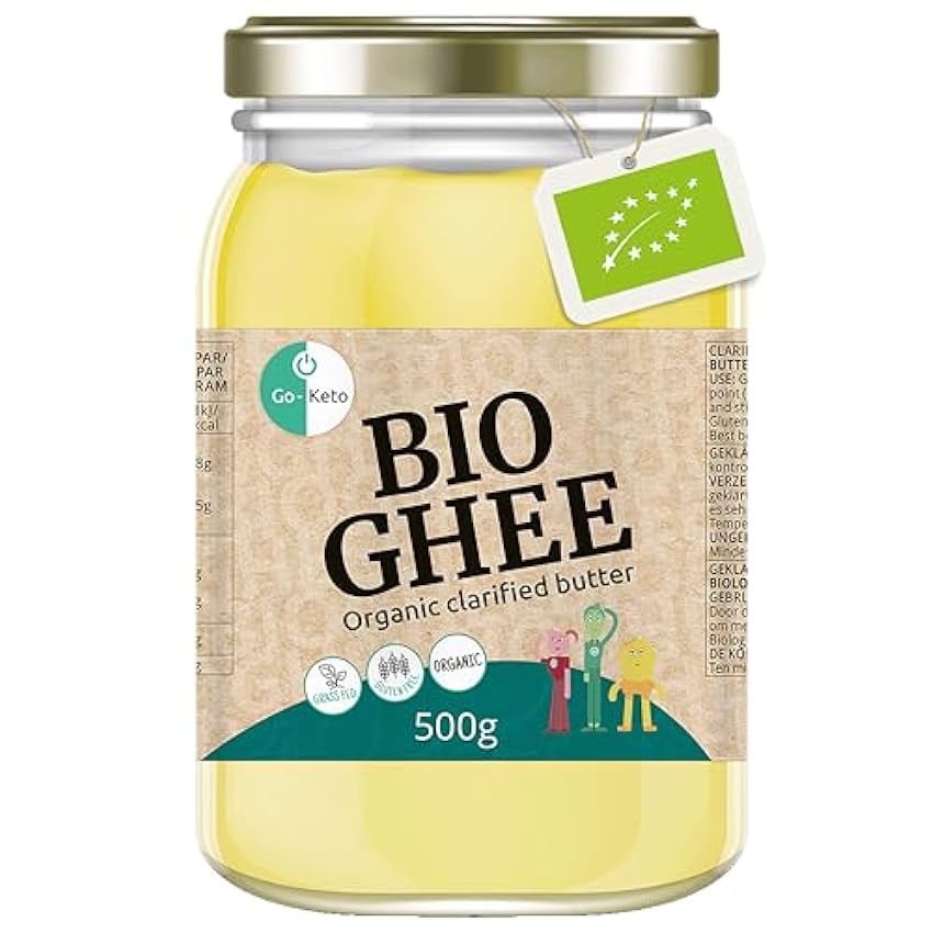 Go-Keto BIO Ghee, 500g | Mantequilla 100% clarificada, certificada BIO, Ayurveda | perfecto para la dieta cetogénica | ideal para hornear y asar | Sin lactosa, sin gluten, bajo en carbohidratos iAXODcOn