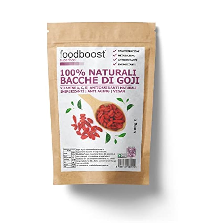 Foodboost Bayas de Goji 500 g – 100% naturales de cultivos seleccionados – Sin conservantes ni aditivos – Naturalmente ricas en antioxidantes vitamina A, vitamina E, Omega 3, calcio, hierro, zinc Gpqh1XSK