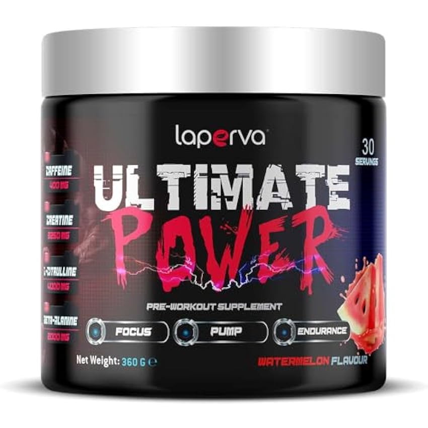 Laperva Triple Power Ultimate Pre Workout Powder - Aumento intenso de energía, concentración y fuerza - Con creatina, beta-alanina y cafeína - Para hombres y mujeres (Sandía 360 g) laBElGAT