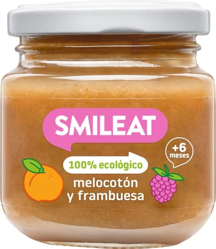 Smileat - Tarritos Ecológicos de Frutas, Ingredientes Naturales, para Bebés desde 6 Meses, Sano y Saludable, sin Gluten, Sabor a Melocotón y Frambuesa - Pack de 12 Tarros x 130 g - 1560 g Nmx27KN3