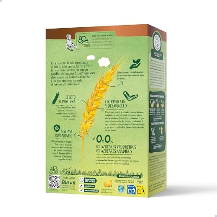 Blevit Optimum 8 Cereales - Papilla para Bebé con 92% de cereales, Vitaminas, Minerales y Fibra - Desde los 5 meses - 250g PowQiTul