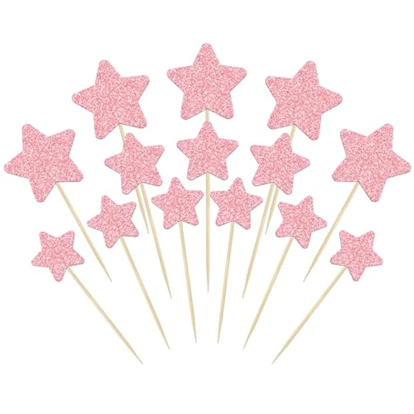 Gyufise 42 adornos para cupcakes de estrella pequeña con purpurina rosa con purpurina para cupcakes, boda, compromiso, despedida de soltera, baby shower, fiesta de cumpleaños, suministros de phOgFsIU