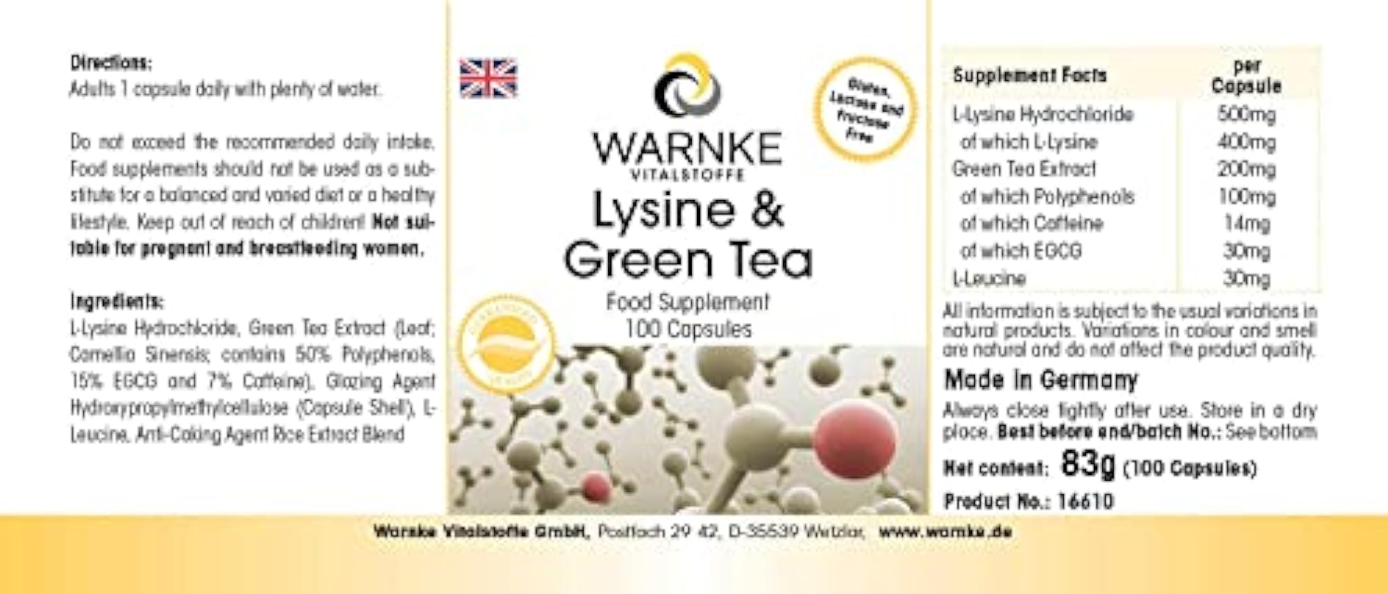 Lisina + Té verde – L-Lisina 500mg & Extracto de Té verde 200mg – 50% de polifenoles – Vegano – 100 cápsulas | Warnke Vitalstoffe P9tscKGN