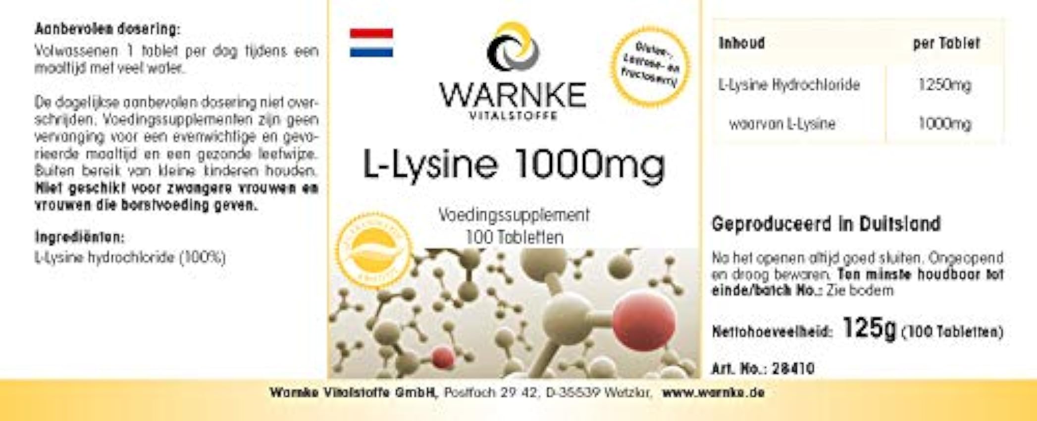 Lisina comprimidos - 1000mg - vegano - 100 comprimidos - aminoácidos | Warnke Vitalstoffe foJrnORP