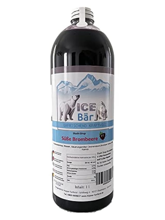 ICE Bear Sirup AZO LIBRE | Botella de 1 litro | Concentrado para granizadores de bebidas para granizadores de helados, máquinas de helado, 1:5 hasta 1:20 (mora) hn9NHj2A