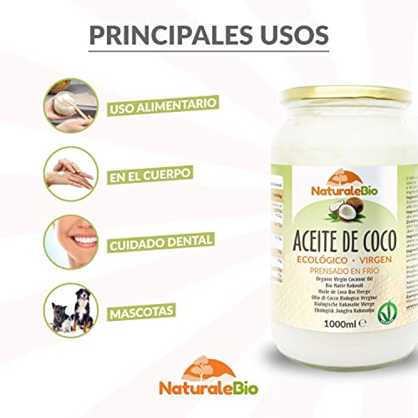 Aceite de Coco Ecológico Virgen 1000 ml. Crudo y prensado en frío. Orgánico y Natural. Aceite Bio nativo no refinado. País de origen Sri Lanka. NaturaleBio htuNfo0r