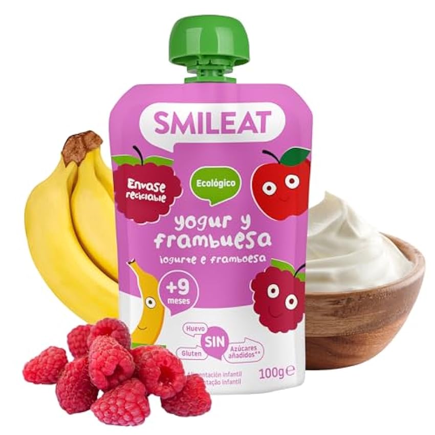 Smileat | Pouch de Fruta Ecológica para Niños | Con Sabor a Yogur y Frambuesa | Sin Lactosa, Sin Azúcares y Sin Gluten | Para Bebés a partir de los 12 Meses | Pack de 10 x 100 g | 1000g OuAk9kMu