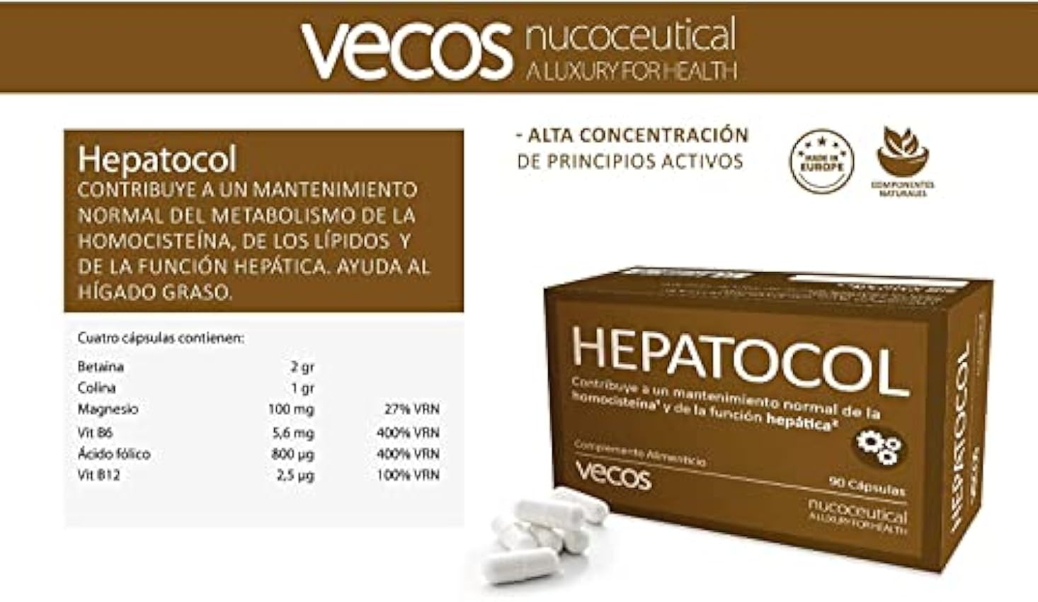 Hepatocol Vecos para el mantenimiento correcto del metabolismo de la homocisteína – Betaína y colina para el buen funcionamiento de los lípidos y para ayudar contra el hígado graso – 80 cápsulas oBFUeiPP