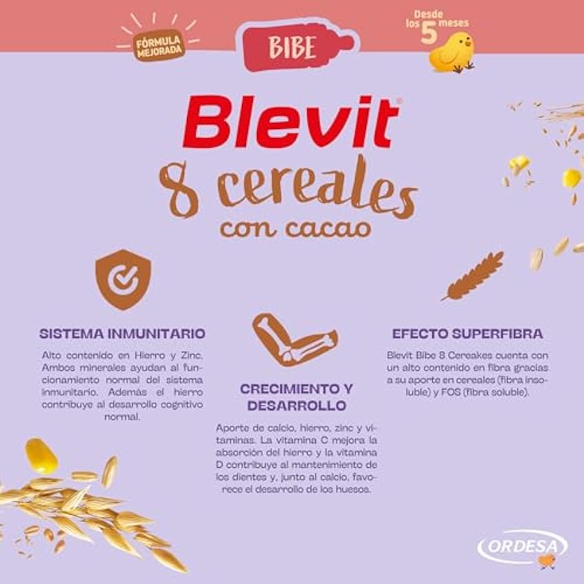 Blevit Bibe 8 Cereales con Cacao - Papilla para Bebé con 14 vitaminas y minerales - Desde los 12 meses - 500g pA657EuU