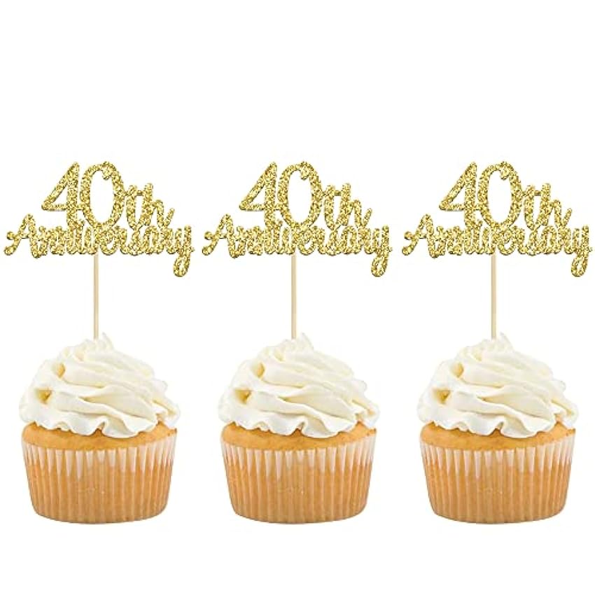 Gyufise Paquete de 24 decoraciones para magdalenas de 40 aniversario con purpurina dorada para decoración de tartas de 40 aniversario para 40 aniversario de boda, aniversario, fiesta de tartas pduxNzAE