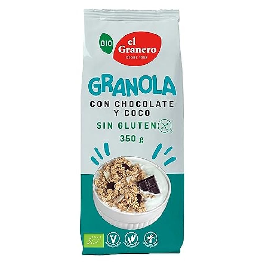 El Granero Integral - Granola con Chocolate y Coco sin Gluten BIO - 350 g - Fuente de Fibra y Nutrientes Esenciales - Mejora la Salud Intestinal - Ideal para el Desayuno - Apto para Veganos G7cEq3pV