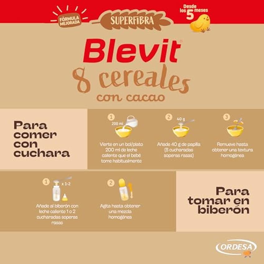 Blevit Superfibra 8 Cereales con Cacao - Papilla de 8 Cereales con Cacao, Vitaminas, Minerales y Fibra - Desde los 12 meses - 500g LRcidoEQ