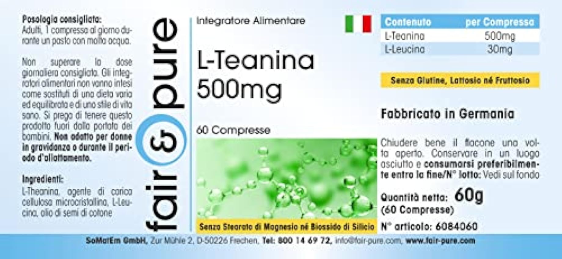 Fair & Pure® - L-Teanina 500mg - Vegana - Aminoácido procedente del té verde - Alta pureza - 60 Comprimidos gHL9Uufc