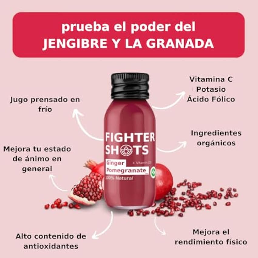 Fighter Shots de Jengibre + Granada (12x60ml) | Bebida natural de granada | Aumento de la resistencia/rendimiento deportivo | Fuente de potasio | Vitamina D3 ftbmGbsa