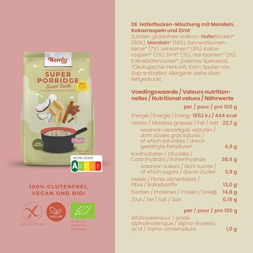 Nomly Super Porridge | Kakao, Haselnuss & Vanille | 4 x 280 g | Nährstoffreiche Haferflocken Mischung mit 30% Nüssen und Samen | 100% glutenfrei, vegan & bio (Alle Sorten Paket) OPNzwc43