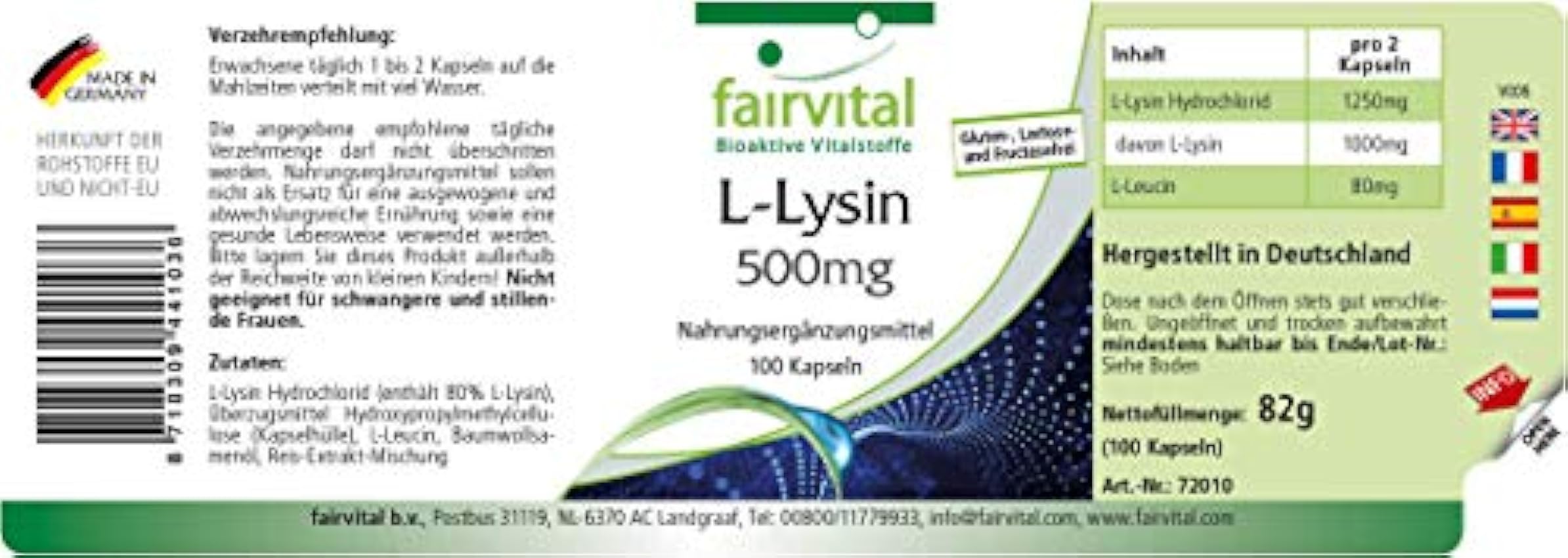 Fairvital | L-Lisina 500mg - Dosis elevada - VEGANA - L-Lisina HCl - Aminoácido esencial - 100 Cápsulas - Calidad Alemana JeGLMmUg