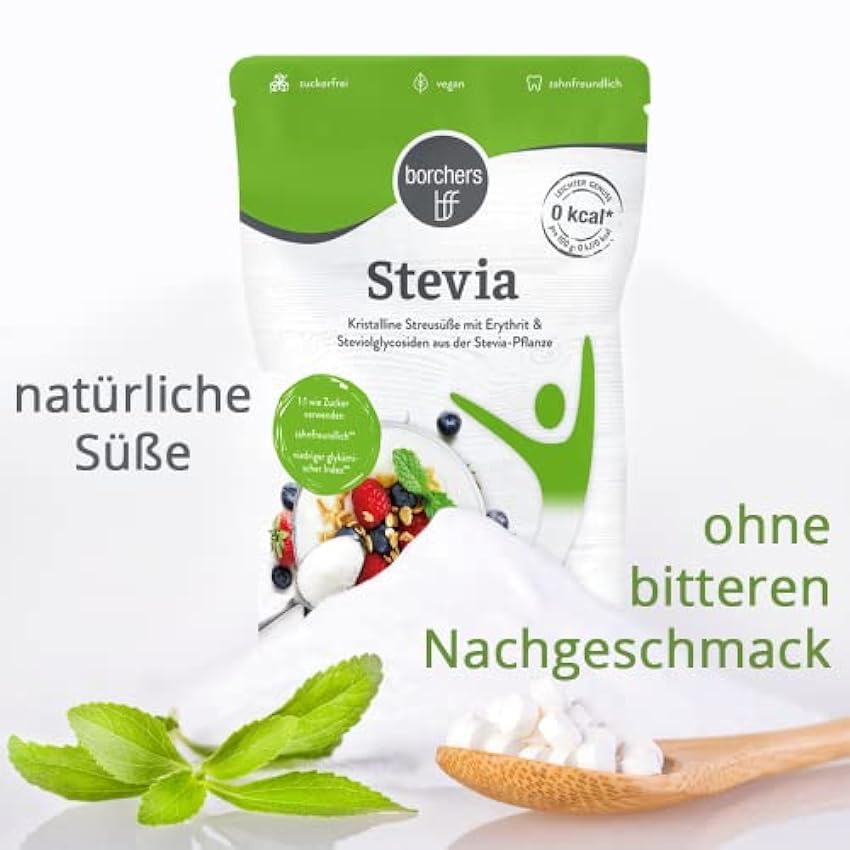 borchers Dulzura dispersa cristalina de stevia, con eritritol, sin calorías, rebaudiósido A, alternativa de azúcar, edulcorante 700 g gjebuRAm