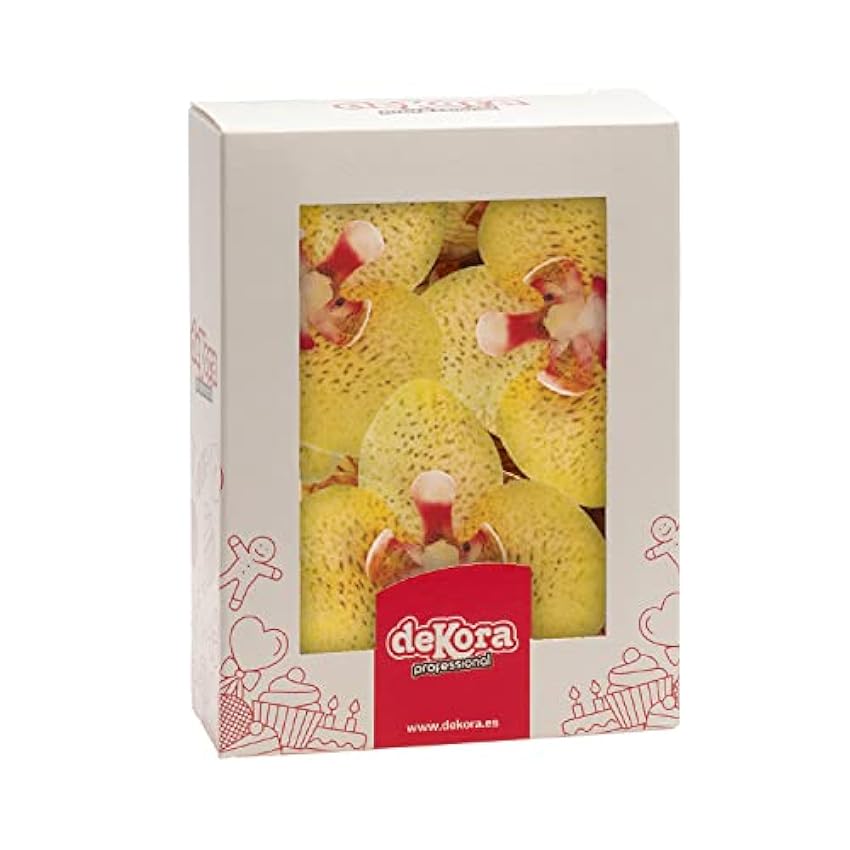 Dekora - Caja de 12 Orquideas de Oblea para Decorar - Flores Comestibles para Tartas - Decoración Tarta Cumpleaños de Oblea - Color Amarillo - 7,5 x 8,5 cm PJNXXXQh