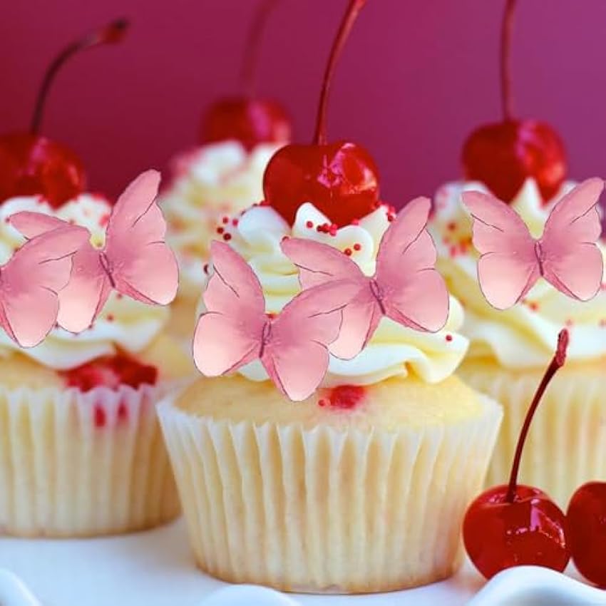 Gfamous Decoración comestible para tartas, mariposas, cupcakes, 48 unidades, color rosa, decoración para tartas, mariposas, papel comestible, decoración para cupcakes, para bodas y cumpleaños olbLxSXb