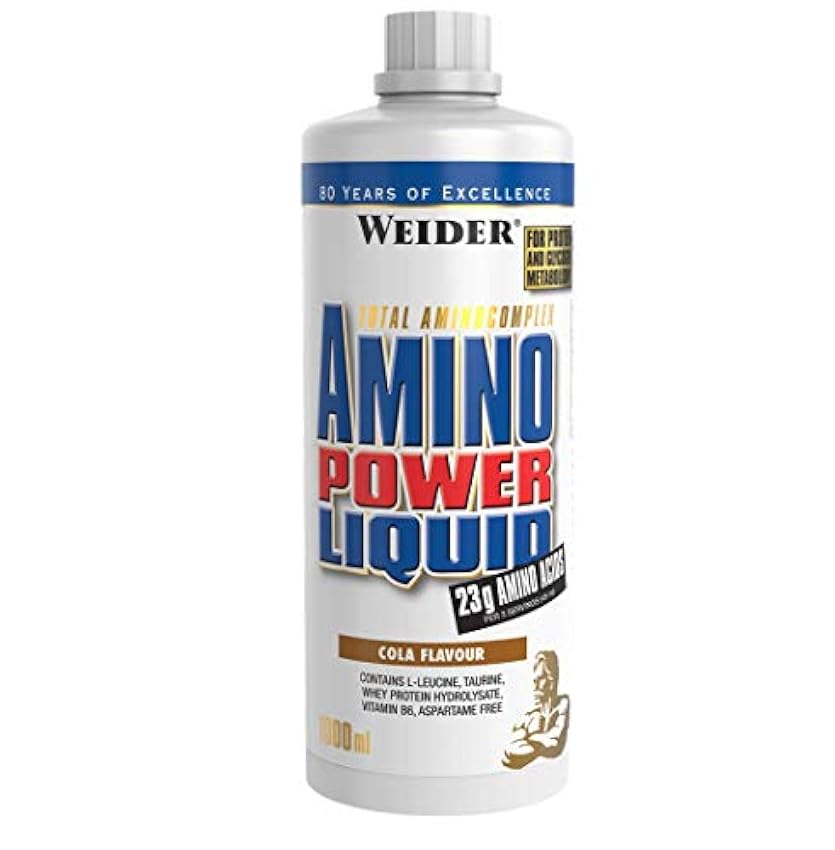WEIDER Amino Power Liquid, Aminoácidos Líquidos Altamente Dosificados, Amino Líquido con los Aminoácidos Esenciales (EAA) y extra L-Leucina, Pre, Intra y Post Entrenamiento, Cola, 1 L JTJsLRAH