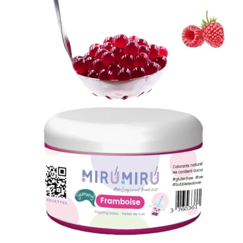 MiruMiru – POPPING BOBA ORIGINAL para Bubble Te, frambuesa, 140 g, sin colorantes artificiales, menos azúcar, 100% VEGETALIANO y SIN GLUTEN KRtZTfOE