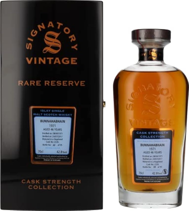 Signatory Vintage BUNNAHABHAIN 46 Years Old RARE RESERVE Cask Strength 1971 42,8% Vol. 0,7l in Holzkiste HwTKPPCk