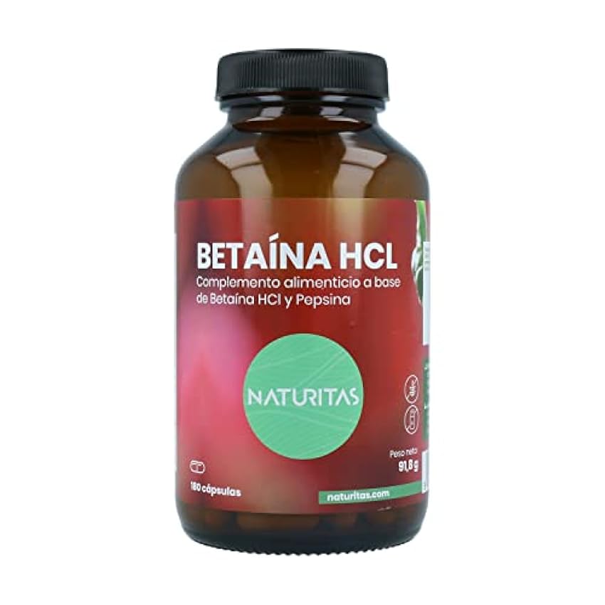Betaína HCL con Pepsina 180 Cápsulas Naturitas Essentials | Ayuda al proceso digestivo | Complemento alimenticio | Sin gluten y sin lactosa HoSn08ro
