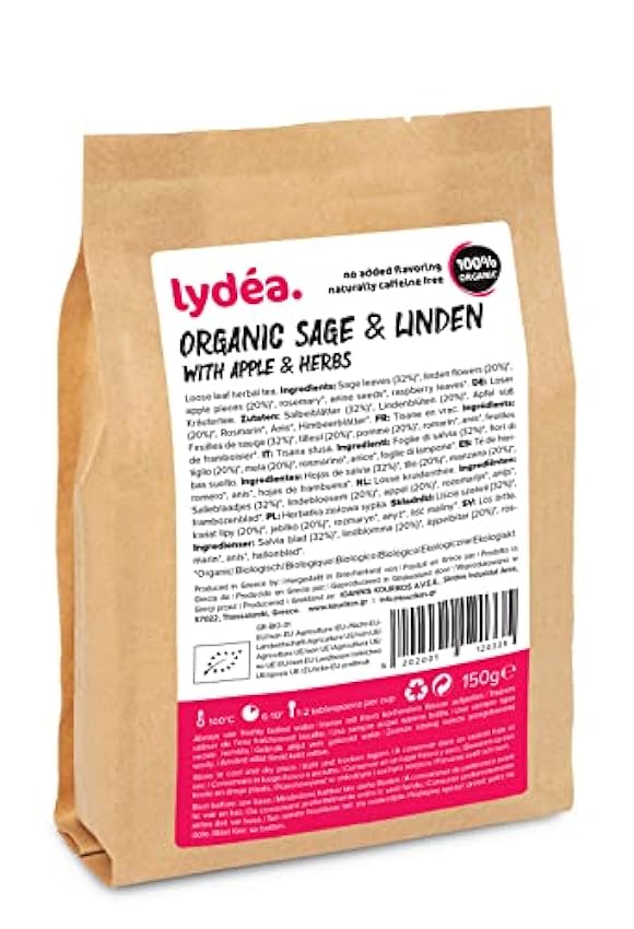 Lydea - Infusión ecológica en hoja suelta de salvia, tilo, manzana y hierbas aromáticas, bolsa de 150 g gMWpbSOq