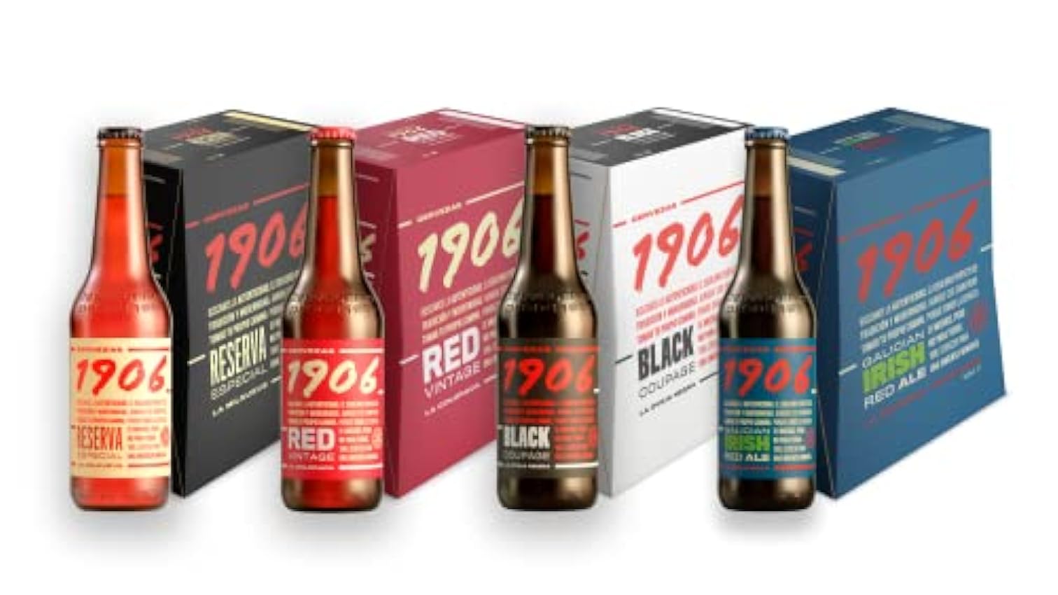 1906 Familia Cervezas - Pack Combinado de 24 Botellas x 33 cl, 1 Pack de 1906 Reserva Especial, 1 Pack de 1906 Galician Irish Red, 1 Pack de 1906 Red Vintage, 1 Pack de 1906 Black Coupage M7ynXCef