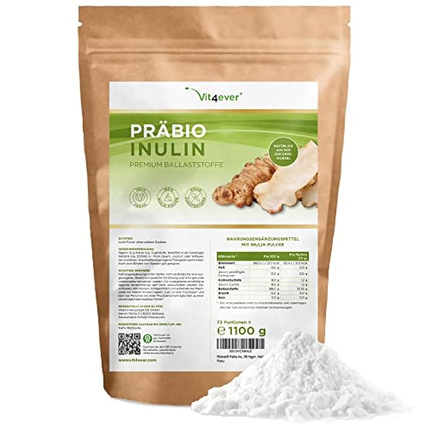 Prebio Inulin Powder - 1100 g (1,1 kg) - Alto contenido en fibra - Prebiótico - Residuos controlados - Origen Europa - Naturalmente de la raíz de achicoria - 100% Vegano isE1Iu5p