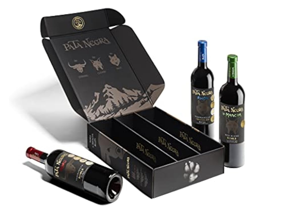 Pata Negra - Tempranillo - Estuche Edición Especial Fauna Ibérica de 3 x 750 ml Botellas de Vino con D.O. Rioja Crianza, Toro Roble y Mancha Roble. nlmnzgmb