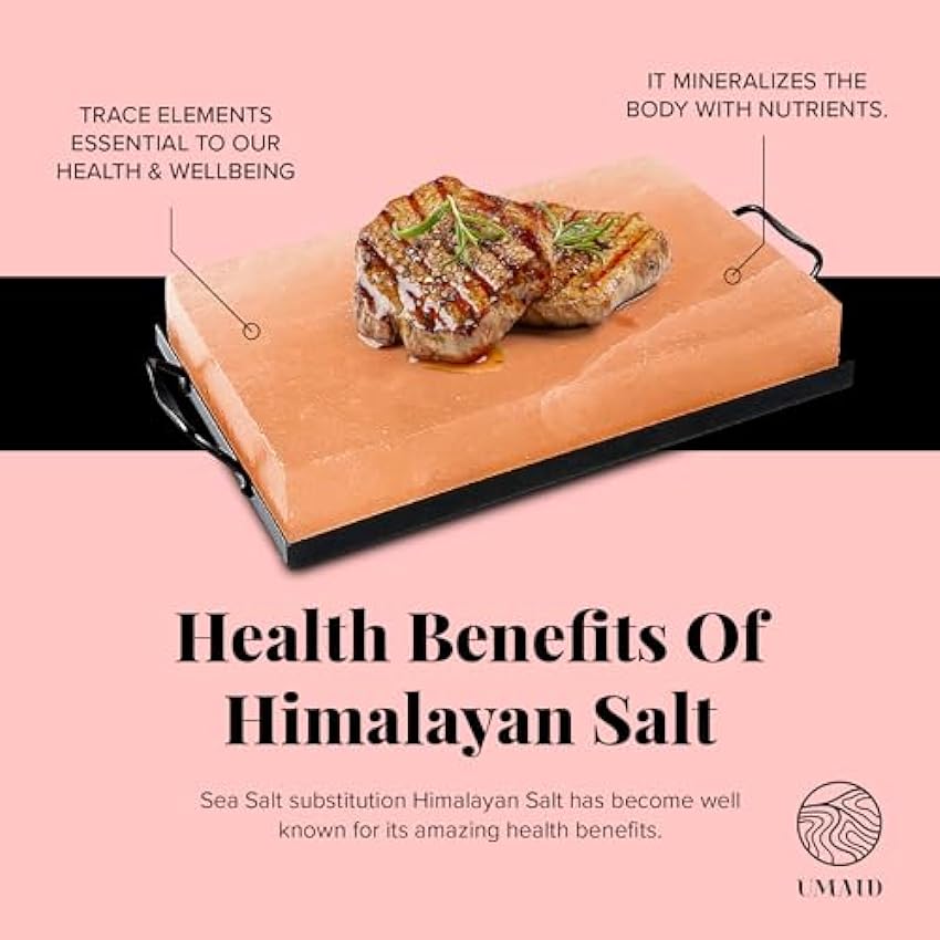 UMAID Placa de cocina natural de bloque de sal de roca del Himalaya para cocinar, asar, cortar y servir, sal de grado alimenticio con bandeja de acero de metal con folleto de recetas, bloque de kHjlPLHe