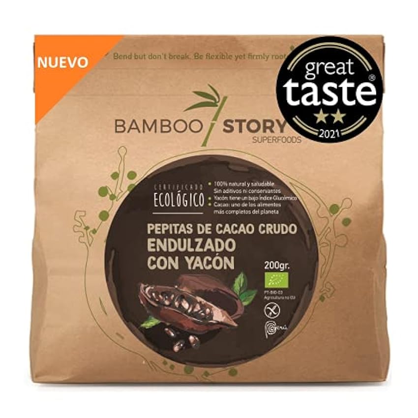 BAMBOO STORY | Nibs Cacao CRUDOS Endulzado con Jarabe YACÓN | Criollo | Puntas | 150g | Yacón=Boniato Peruano= muy saludable) jXikY01O