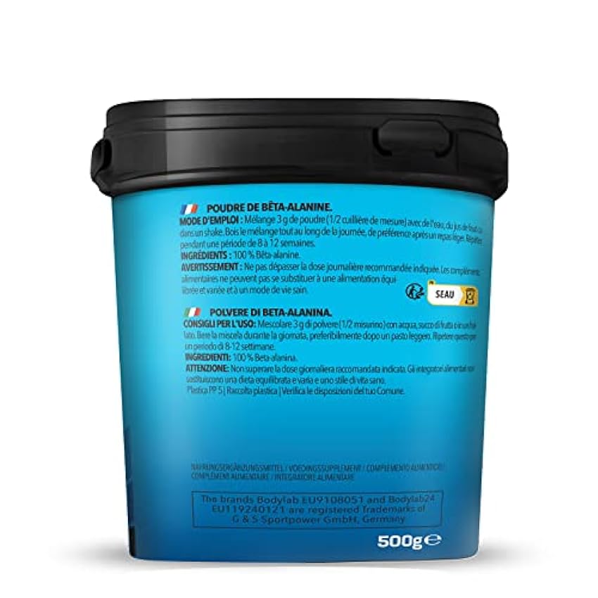 Bodylab24 Beta-Alanina en polvo 500g, polvo de beta-alanina 100% puro, sin más aditivos, nutrición deportiva para mejorar el rendimiento K8Ma20lX